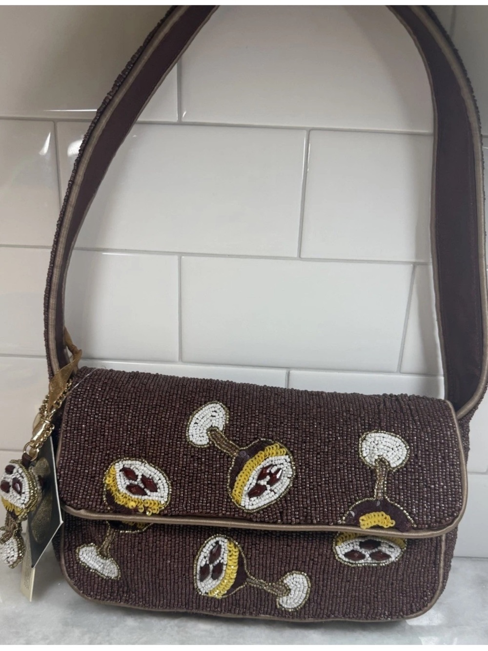 NWT Brown Espresso Martini Drink Made In India Hand-Sewn Beaded Shoulder Bag